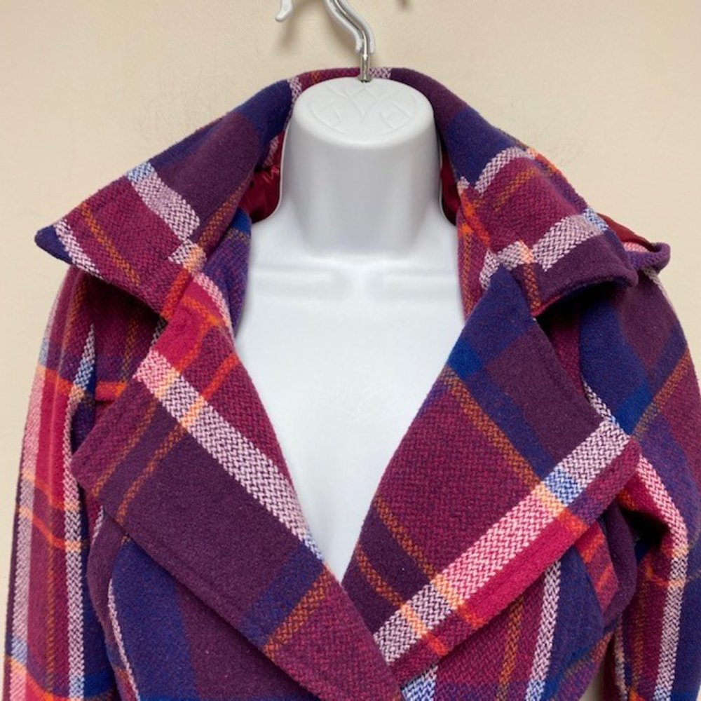 DEB Vintage 80's Trench Style Pea Coat Wool Blend Plaid Hood, size Small - Picture 2 of 15
